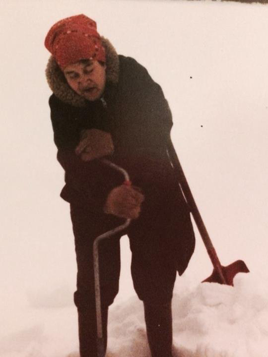 This is Tsakiy Ze' Wehalih (Freda's mother) using an ice auger at a lake on the territory.
